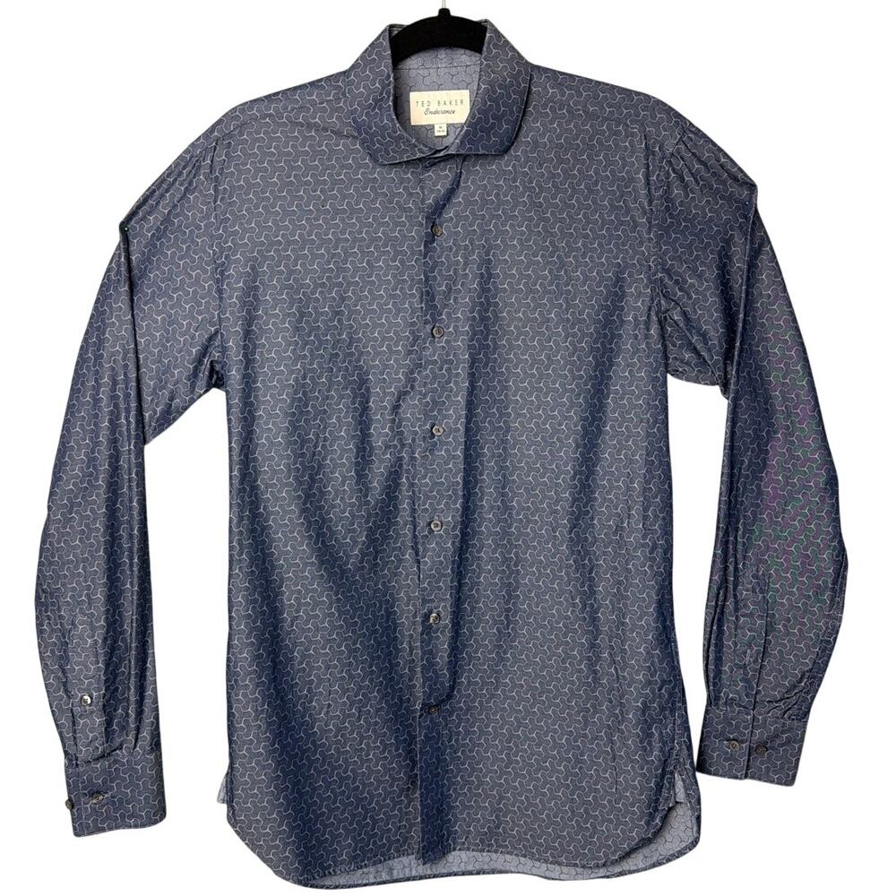 Ted Baker Button Up Shirt Endurance Size 15 34/35 Blue Chambray Puzzle Print
